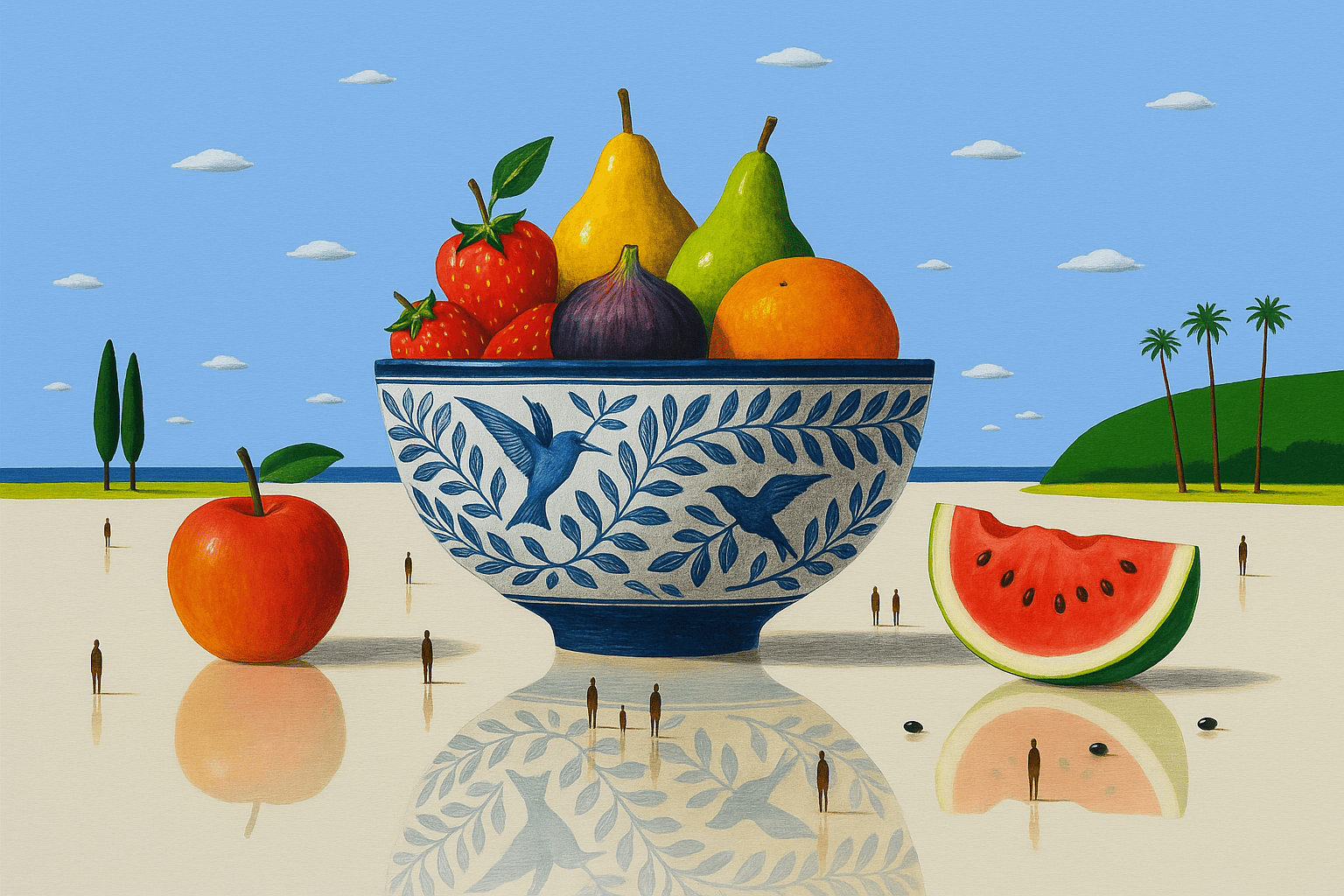 Illustration représentant un saladier rempli de fruits colorés, entouré de petits personnages, évoquant l’alimentation, le lien social et la diversité des textures alimentaires